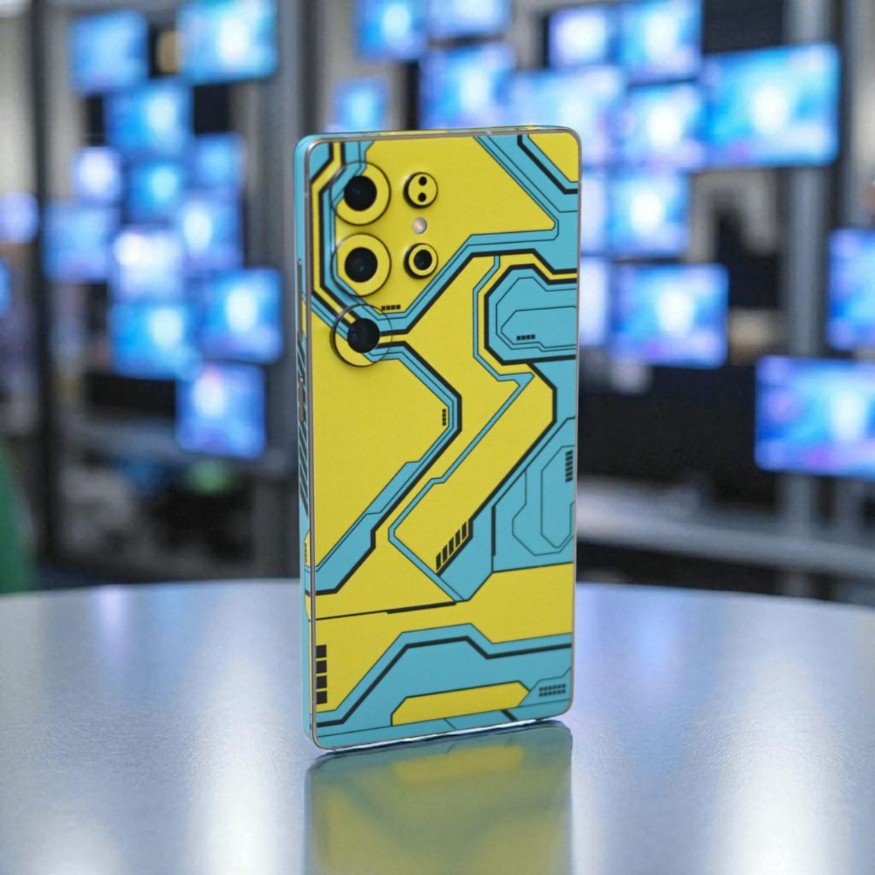 Circuit Smartphone Skin with yellow and blue geometric design on a reflective surface with blurred background