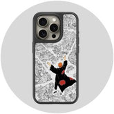 Phone case with a design of a person in a black outfit with a red circle on a white background