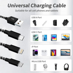 Nylon Braided 65W Charger Cable - 3 in 1 1200 mm Fast Charging Data Cable