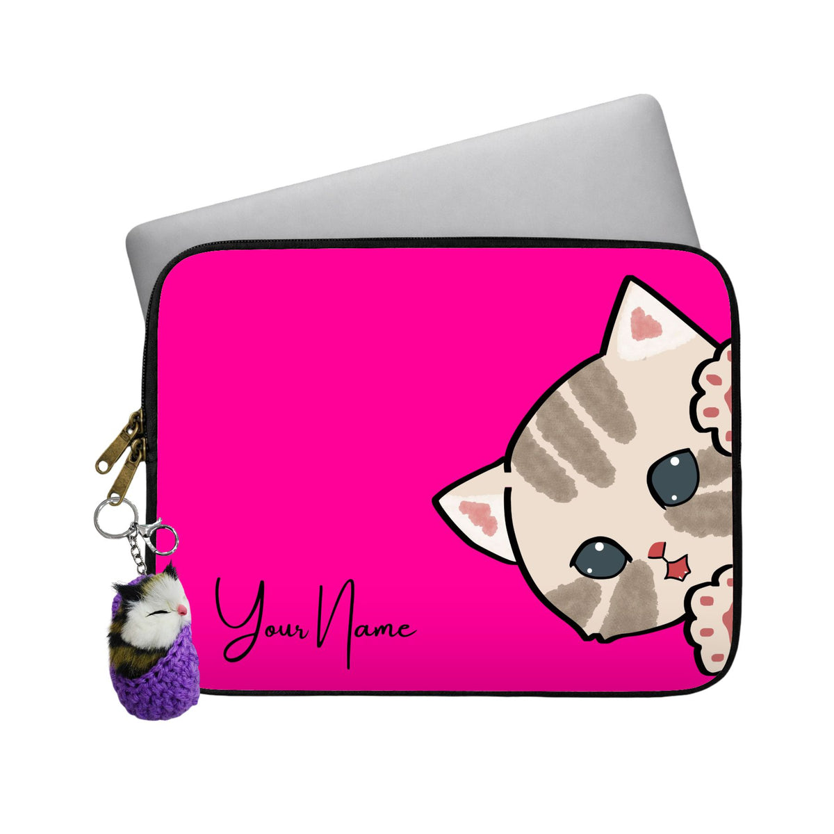 Cute Cat Custom Name Laptop Sleeve With Charm Main image