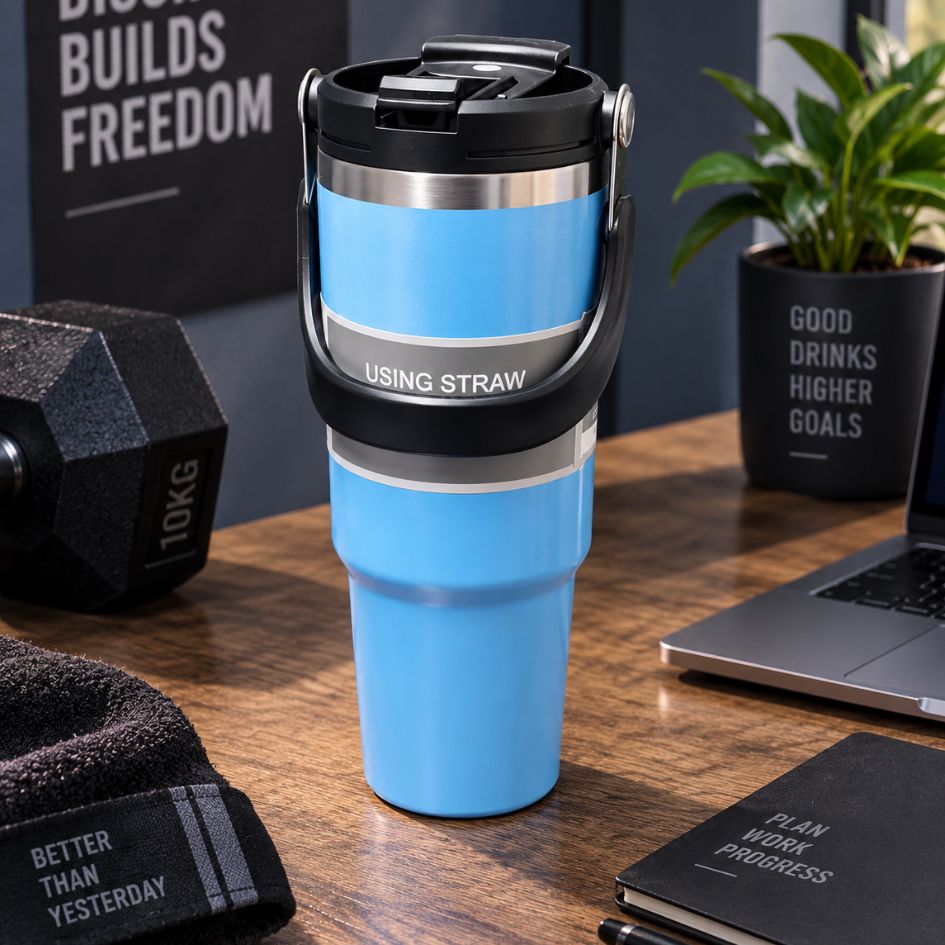 Blue Coffee Tumbler With Handle - Large Insulated Travel Mug 1200 ML Secondary image