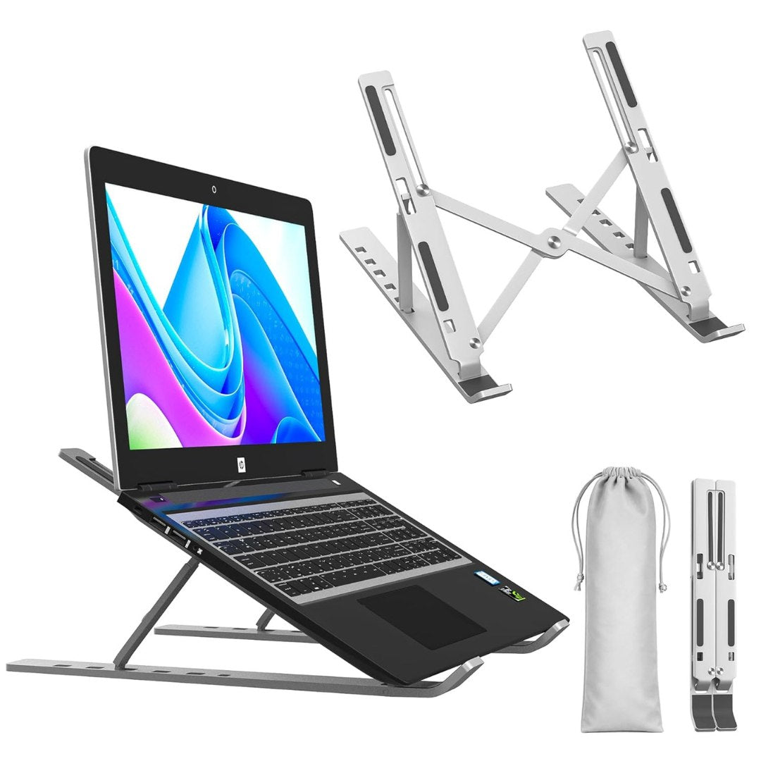 Laptop stand with a laptop on top, additional stand, carrying pouch, and stand components on a white background. Main image