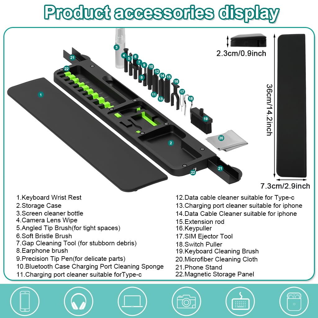 Ergonomic Keyboard Wrist Rest with 22-in-1 Cleaning Kit & Springy Sponge Support for Work and Gaming