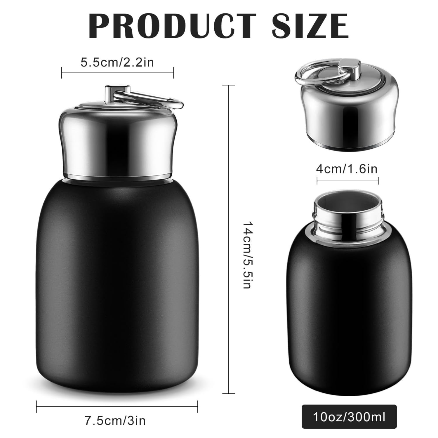 Personalized Mini Stainless Steel Vacuum Insulated Bottle - 300 ml Black Leakproof with Keyring Cap