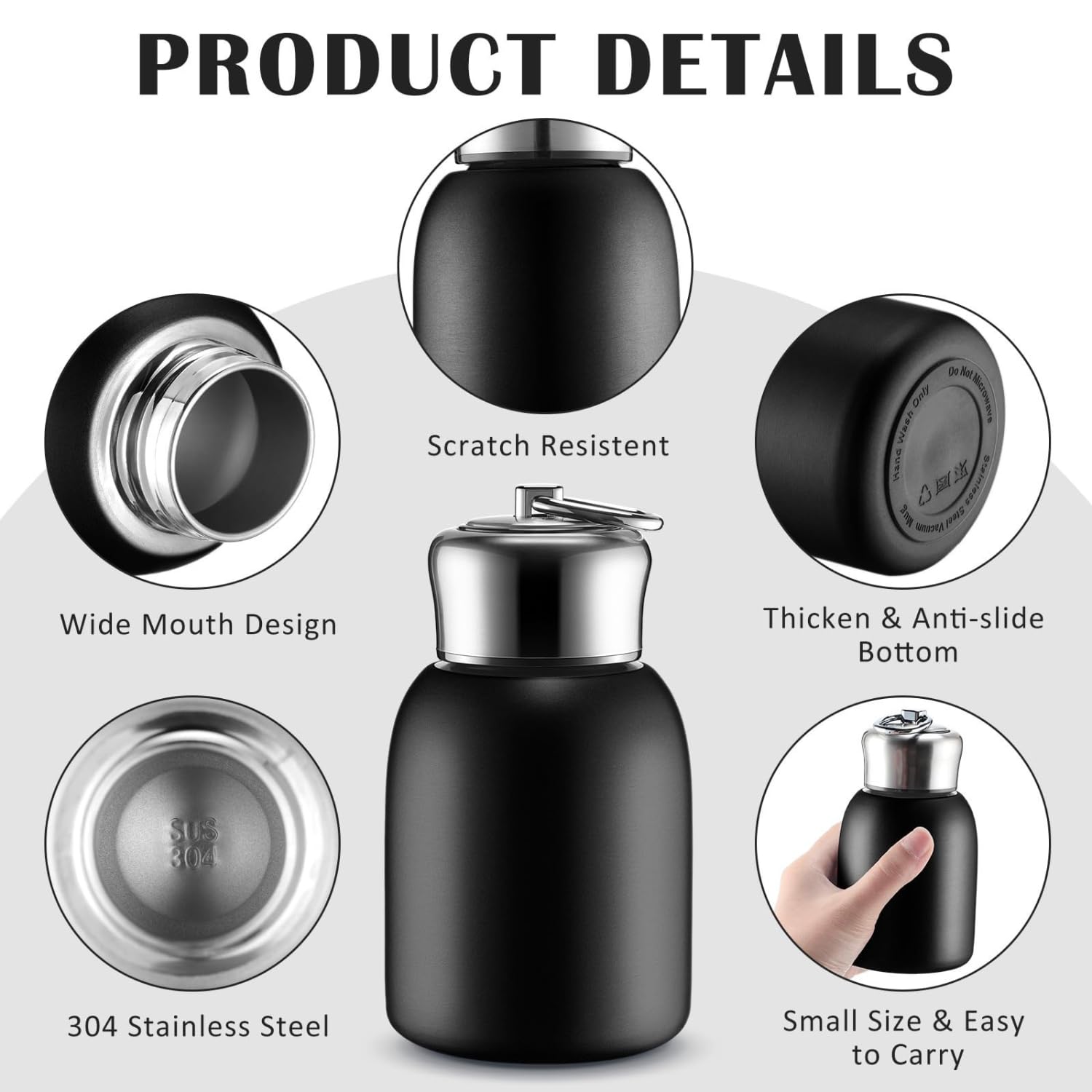 Personalized Mini Stainless Steel Vacuum Insulated Bottle - 300 ml Black Leakproof with Keyring Cap Secondary image