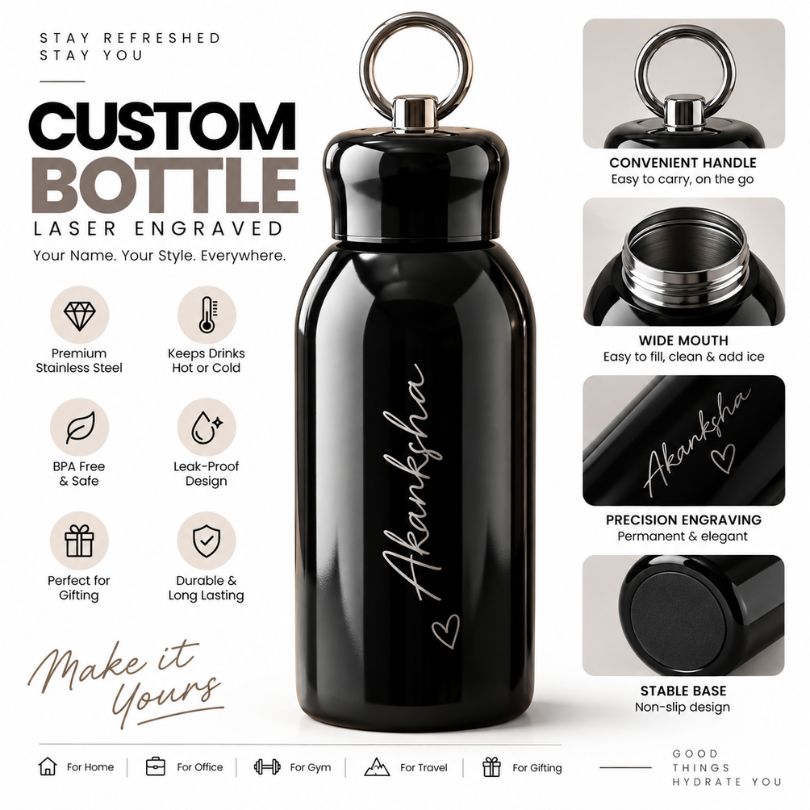 Personalized Mini Stainless Steel Vacuum Insulated Bottle - 300 ml Black Leakproof with Keyring Cap