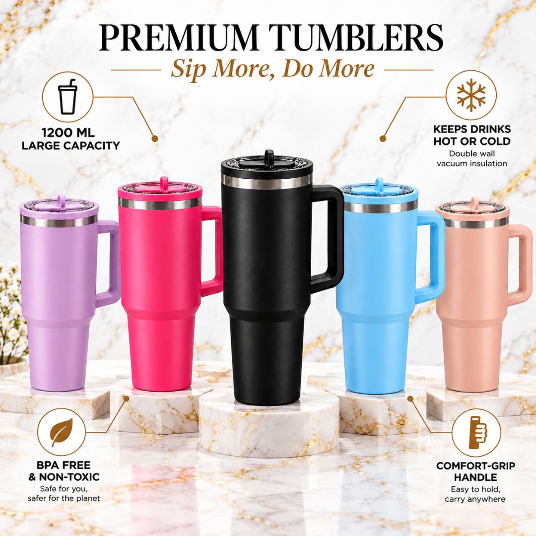 Jet Black Coffee Tumbler Sipper - Large Insulated Travel Mug 1200 ML