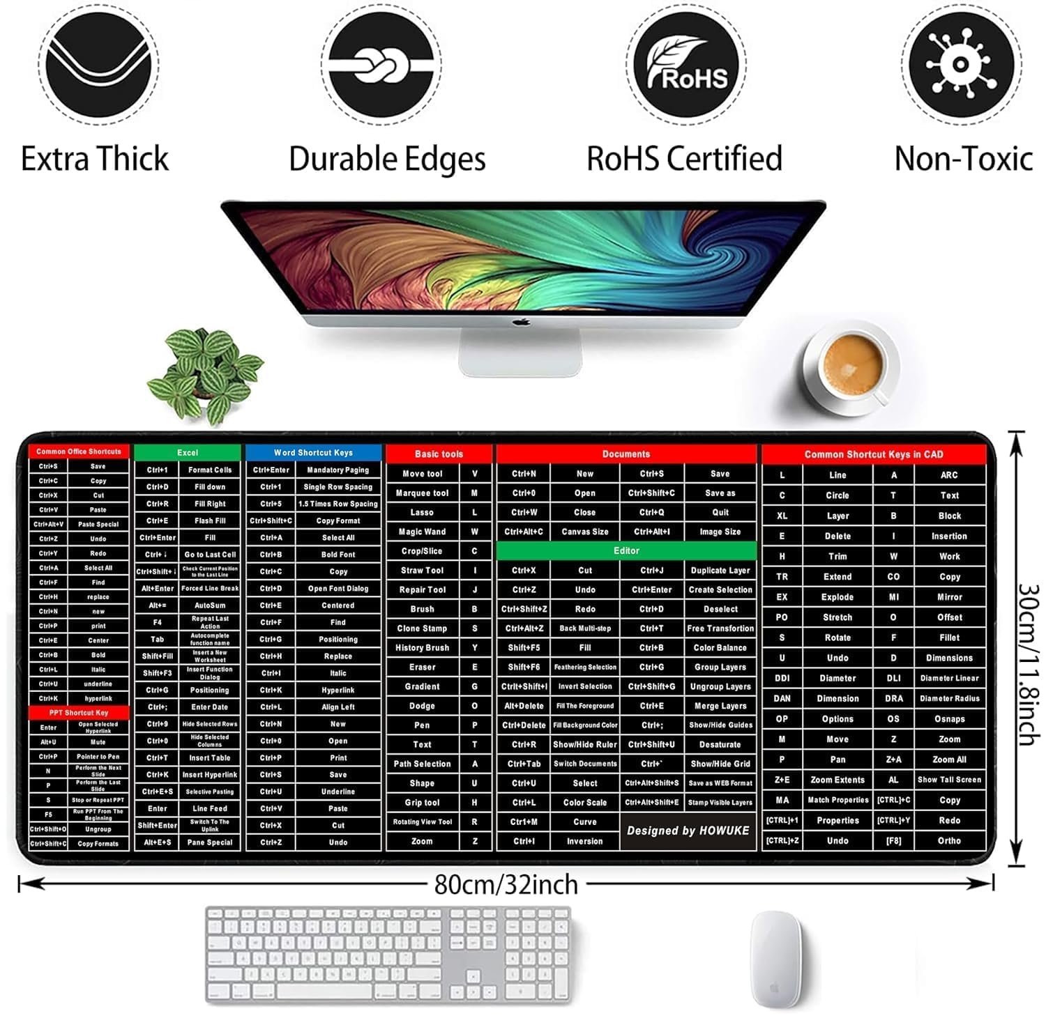 Anti-Slip Desk Pad with Excel Shortcuts - Large Rubber Smooth Desk Mat (80x30cm)