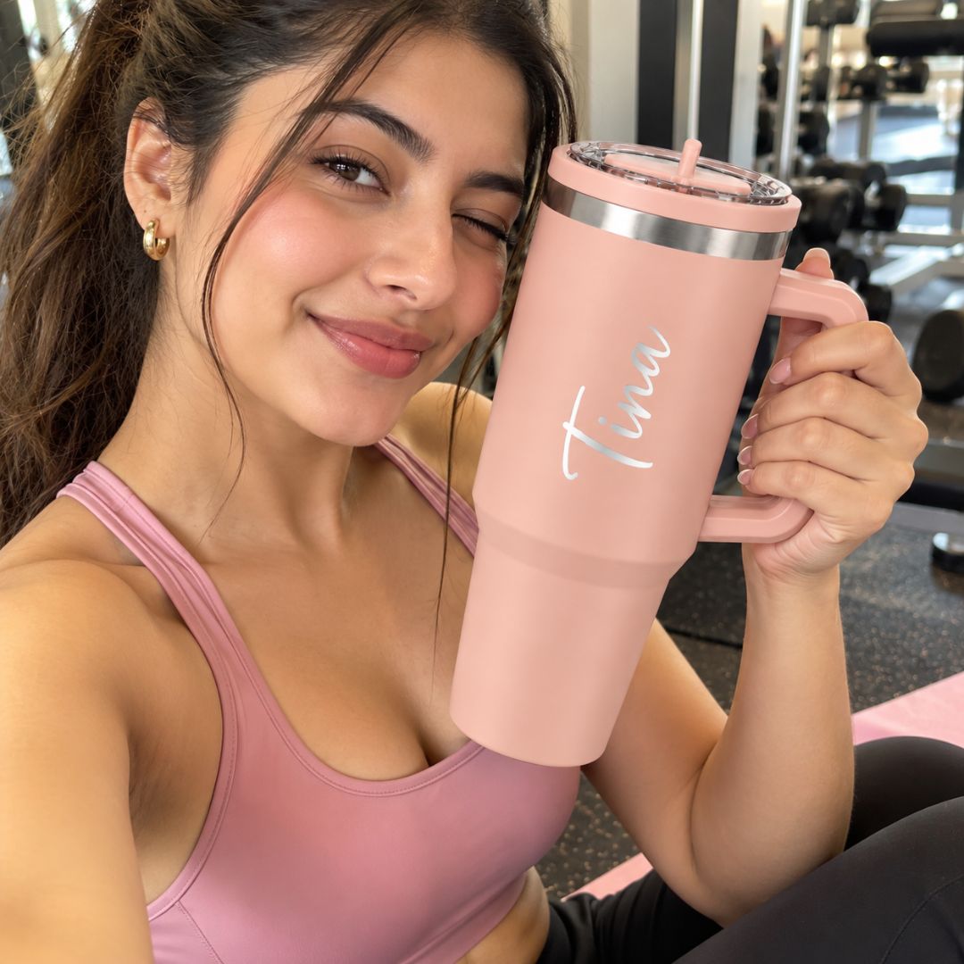Baby Pink Coffee Tumbler Sipper - Large Insulated Travel Mug 1200 ML