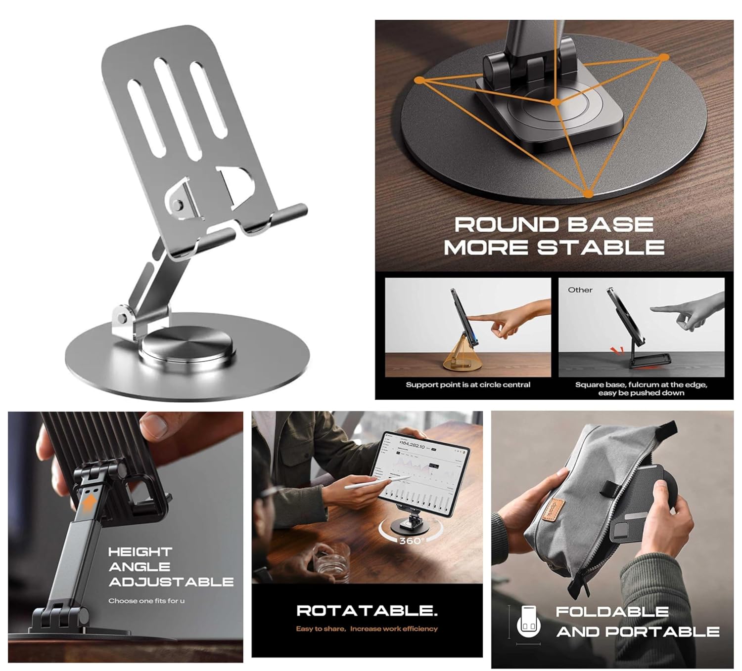 Aluminum Phone Stand 360° Rotatable and Foldable Cell Phone Holder - Grey