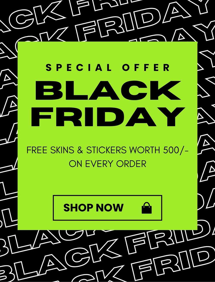 Black Friday sale banner with gold accents and promotional text on a black background - WrapCart Skins & Laptop Skins
