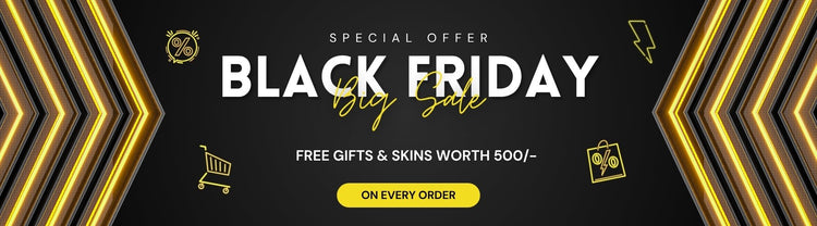 Black Friday sale banner with gold accents and promotional text on a black background - WrapCart Skins & Laptop Skins