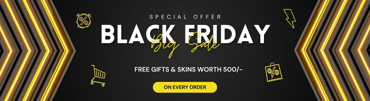 Black Friday sale banner with gold accents and promotional text on a black background - WrapCart Skins & Laptop Skins