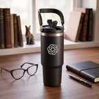 Custom Design/Logo Engraved Coffee Tumbler - Large Insulated Travel Mug With Handle