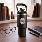 Custom Design/Logo Engraved Coffee Tumbler - Large Insulated Travel Mug With Handle