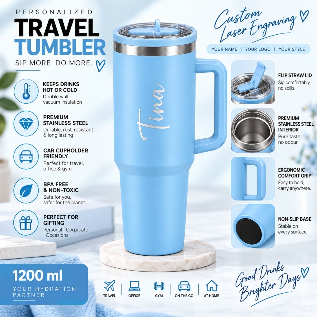 Sky Blue Coffee Tumbler - Large Insulated Travel Mug 1200 ML