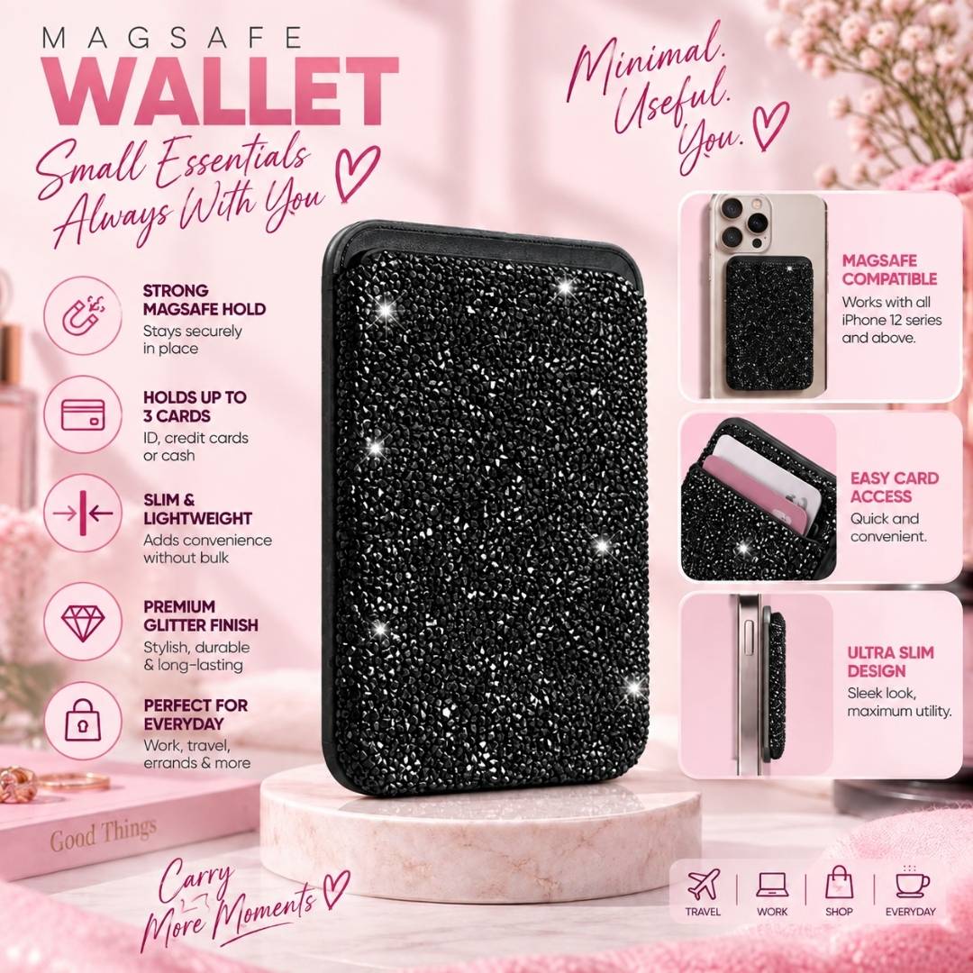 Magnetic Black MagSafe Glitter Wallet – Sparkly Card Holder