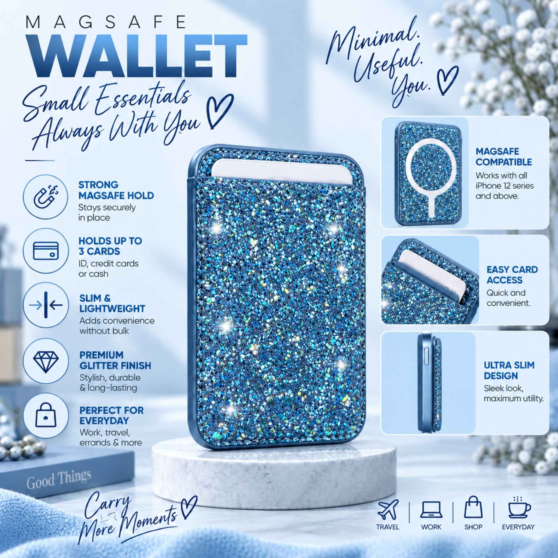 Magnetic Blue MagSafe Glitter Wallet – Sparkly Card Holder Secondary image