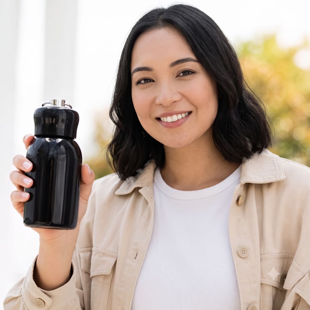 Personalized Mini Stainless Steel Vacuum Insulated Bottle - 300 ml Black Leakproof with Keyring Cap