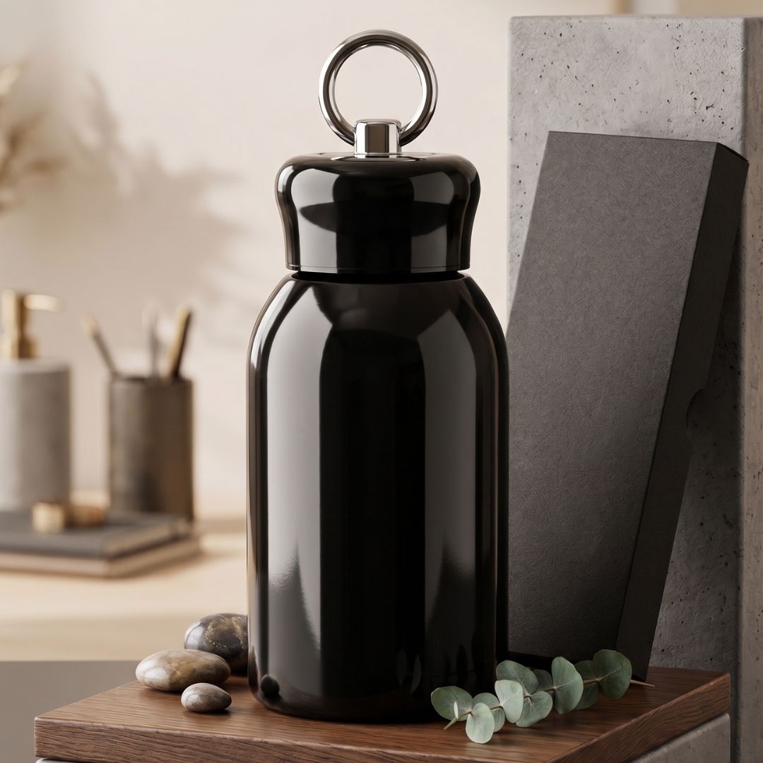 Personalized Mini Stainless Steel Vacuum Insulated Bottle - 300 ml Black Leakproof with Keyring Cap