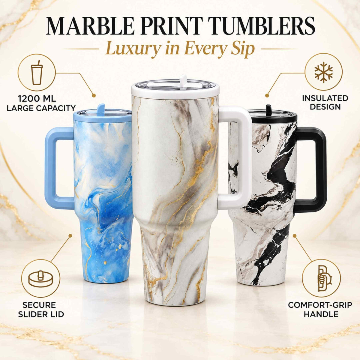 Marble Print Coffee Tumbler - Large Insulated Travel Mug 1200 ML Main image