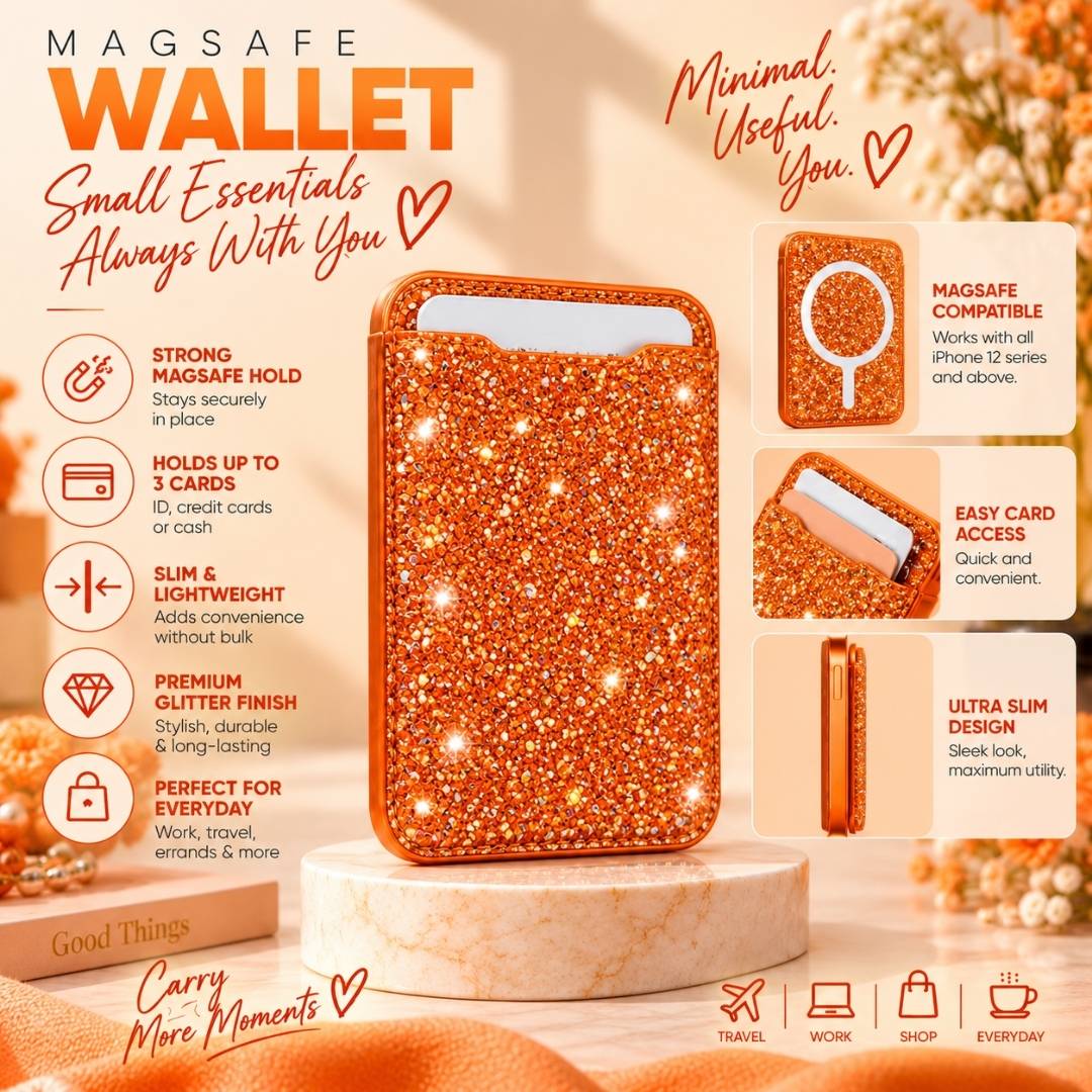 Magnetic Orange MagSafe Glitter Wallet – Sparkly Card Holder
